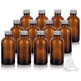 4 oz Amber Glass Boston Round Bottles with Silver Metal Screw On Caps (12 Pack) + Funnel Refillable Empty Storage Containers