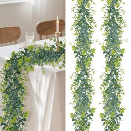 RAINFLOW - Guirnalda de eucalipto artificial, 2 guirnaldas de eucalipto, guirnalda de vegetación artificial para decoración de vides falsas verdes para telón de fondo de boda, chimenea, mesa de pared