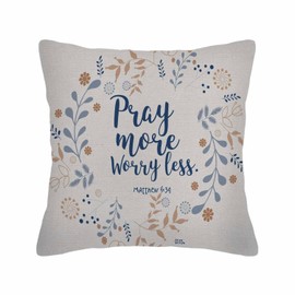Husandy Throw Pillow Covers Pray More Worry Less Floral Wreath Bible Quote Christian Verse Faith Style Pillow Case 18x18 Inch Cushion Cover for Home Party Decor, HUS-AN-DY011