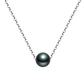 14K Real White Gold Tahitian Black Pearl Necklace, 9-10mm Round Cultured Black Pearl Pendant, Floating Pearl Choker Necklace for Women