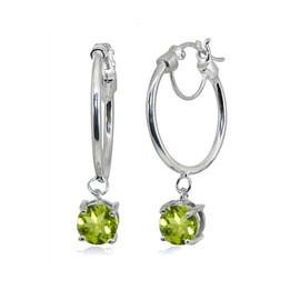 Sterling Silver Round Hoop Earrings with Dangling Genuine, Created or Simulated Gemstones, Metal, Peridot