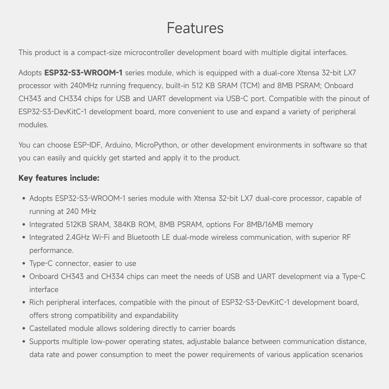 Waveshare ESP32-S3 Microcontroller, 2.4GHz W-Fi Development Board, 240MHz Dual Core