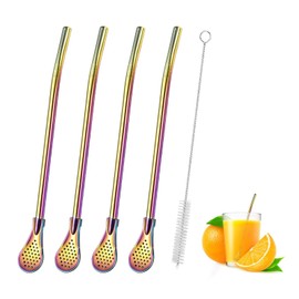 Coffee Metal Filter Straws Stainless Steel Straws with Filter Spoon Reusable Colorful Tea Coffee Cocktail Stainless Steel with Cleaning Brush (Silver Set of 4) (Colorful)