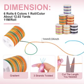 PandaHall 6 Rolls 1mm Waxed Polyester Cords Segment Dyed Twisted Waxed Thread 3-Ply Braided Beading String for DIY Friendship Bracelet Jewellery Making Macrame Crafts