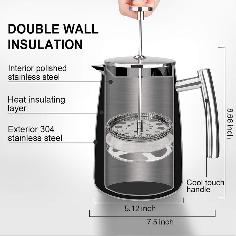 Secura French Press Coffee Maker, 34-Ounce, 304 Stainless Steel Insulated