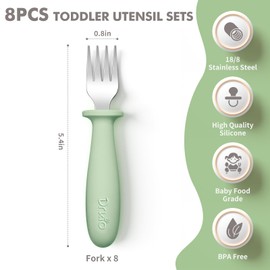 DRKIO 8 Pieces Toddler Forks Set - Baby Forks with Silicone Handle Children safe 18/8 Stainless Steel Toddler Utensils Set for Self Feeding Kids Silverware Anti-Choke Design Food Grade Dishwasher Safe