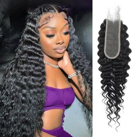 MOMOSHERO 2x6 Hd Lace Closure Only Deep Wave Human Hair 16 Inch, Curly 2 By 6 HD Transparent Swiss Lace Kim K Human Hair Closure Middle Part Pre Plucked 150% Density Baby Hair Natural Black Color
