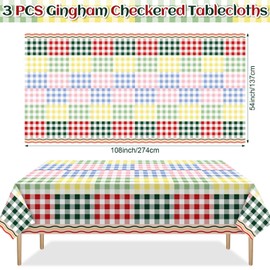 Tiamon 3 Pcs Gingham Checkered Washable Tablecloth 54 x 108 Inch Plastic Camp Bachelorette Party Decor Rectangle Colorful Table Cover Plaid Picnic Covers for Birthday Party Baby Shower Outdoor Camping