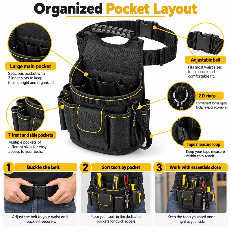 Electrician Tool Pouch for Work – Multi-Pocket Oxford Cloth Waist