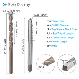 CoCud Tap and Drill Bit Set, 1/4-20 UNC 2B Tap Thread 5.1mm Drill Diameter, Machine Screw Tap & Twist Drill Bit Tool Kit - (Applications: for Threading Tapping Repairing), 1-Set