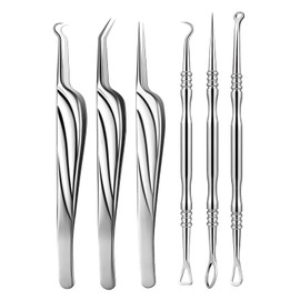 FVION Blackhead Remover Pimple Extractor Tool, Comedone Squeezer Set Made of Full Stainless Steel, 6 Pieces, Acne Tweezers, Blackhead Remover for Nose/Face Care - Blackhead Remover
