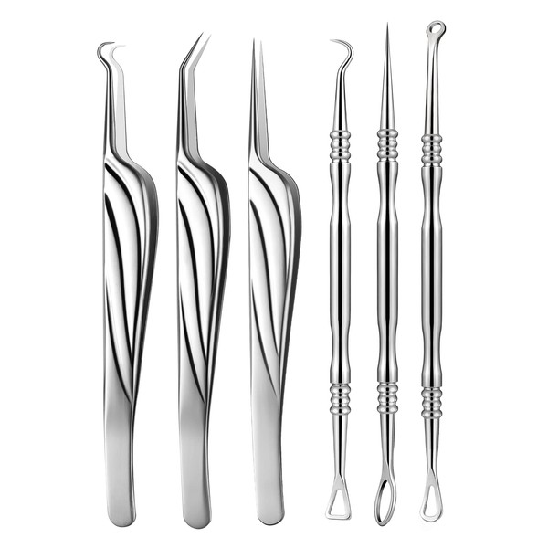 FVION Blackhead Remover Pimple Extractor Tool, Comedone Squeezer Set Made of Full Stainless Steel, 6 Pieces, Acne Tweezers, Blackhead Remover for Nose/Face Care - Blackhead Remover