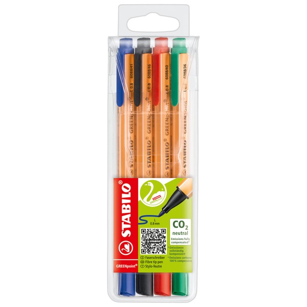 STABILO Greenpoint Sign Pen Recycled 1.1mm Tip 0.8mm Line - Assorted Ref 6088-4 (Wallet 4)