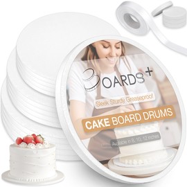 BOARDS+ BOARDS+ Sleek Cake Drum 8, 10 & 12 Inch (3 Sizes, 10 Pack Total) | 1/2" Thick Cake Rounds | Free Prop Up Tool & Matching Ribbon | Sturdy & Greaseproof Cake Circles For Presenting Heavy/Tiered Cakes