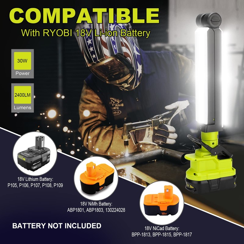 YEX-BUR 30W 2400LM LED Work Light for Ryobi 18V Battery,