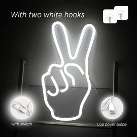 ineonlife Neon Peace Sign Decor Led Neon Signs Peace Finger Peace Sign Wall Sign 15'' x 8'' Victory Gesture Neon Light Novelty Neon Wall Lights for Kids Home Accessories Party Holiday Decor White
