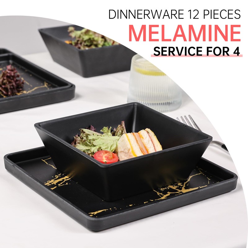 Yummost Melamine Dinnerware Sets - 12pcs Square Plates and Bowls