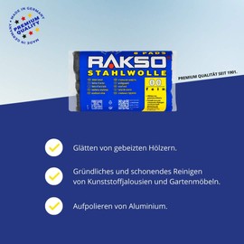 RAKSO Stahlwolle fein 00-8 Pads, glättet Hölzer, Reinigung Kunststoffjalousien, Gartenmöbel, Aluminium aufpolieren