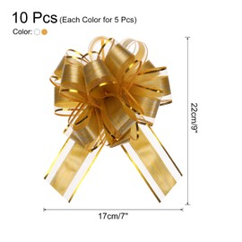 MECCANIXITY 10pcs 7 Inch Large Pull Bow Gift Wrapping Bows Ribbon Organza Bows Gold White for Wedding Baskets Presents Christmas Party