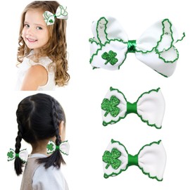 St Patricks Day Green White Hair Bows Set for Women Girls Shamrock Hair Clips Clover Bow Barrettes Accessories (Green A)