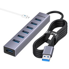 8 Ports Aluminum USB Multiport Hub with 7 USB 3.0 Data Ports Up to 5Gbps, USB 3.0 Splitter with USB C 5V/3A Power Port, 47IN/120CM Long Cable USB Hub, USB Extension for Laptop and PC