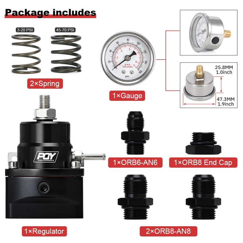 PQY Adjustable EFI Fuel Pressure Regulator Kit 3-70PSI with AN8