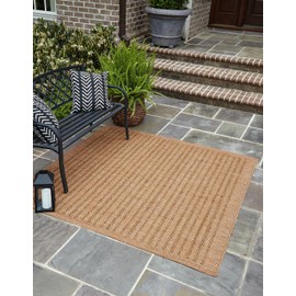 Unique Loom Outdoor Border Collection Area Rug - Checkered (7' 10" Square Light Brown)