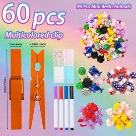 LIENATSER 60 Set Cheer Pins Spirit Clips Include 60 Wooden Cheer Colored Clothes Pins 94 Mini Resin Animals and Self Adhesive Stickers Pen for Cheerleading Backpacks Cheer Gifts Bulk (Colorful)
