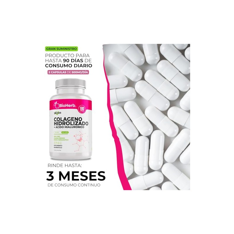 Bioherb Colágeno Hidrolizado Ácido Hialurónico Extremadamente Eficaz 180 Cápsulas Suministro