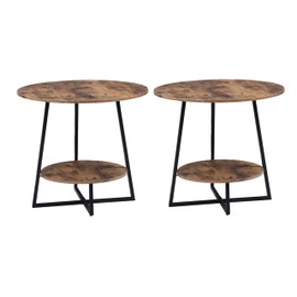 D&H FURNIMMT 20" Living Room Side Table Set of 2 for Small Spaces, 2 Tier Wood Top Round End Tables with Storage Shelf, Accent Sofa Table for Bedroom, Office, Sunroom, Balcony, Rustic Brown/Black