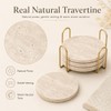Travertine Coasters with Gold Holder, Set of 4 Natural Stone,