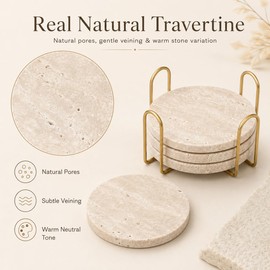 Travertine Coasters with Gold Holder, Set of 4 Natural Stone, Cork Backing