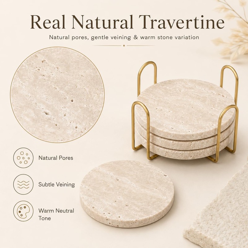 Travertine Coasters with Gold Holder, Set of 4 Natural Stone,