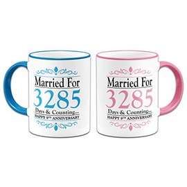 Pair of Married for.Days & Counting. Anniversary (9th Pottery) Novelty Gift Mugs - Blue & Pink