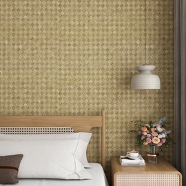 LACHEERY Brown Geometric Peel and Stick Grasscloth Wallpaper Textured Woven 15.8"x276" Diamond Pattern Basket Weave Wallpaper Self Adhesive Decorative Contact Paper for Walls Cabinets Vinyl Wrap Roll