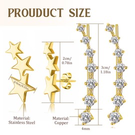 XSDSLS Star Earrings Ear Cuffs Hoop Climber Triple Star Stud Earrings Climber Earring Hypoallergenic Earring with Cubic Zirconia Tiny Starburst Climbers Cartilage Earrings for Girls (Rose gold)