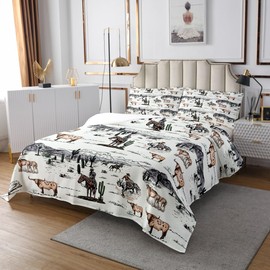 Western Cowboy Bedspread King Size,Vintage Southwest Style Comforter Set Desert Cactus Cow Horse Animals Bedding Quilt for Kids Boys Girls Adult Room Decor,Grey Brown White Coverlet Set 3Pcs
