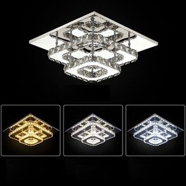 Finktonglan 9.8" Square Crystal Flush Mount LED Ceiling Light, 3-Color White 3000–6500K, K9 Crystal Mirror Base, Switch-Control, Non-Dimmable, 85–260V