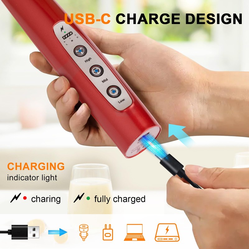YUSWKO Red Milk Frother Handheld with 3 Heads, Coffee Whisk