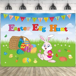 Blulu Blulu Easter Party Decorations Large Fabric Easter Egg Bunny Hunt Background Banner and Chick Sign Hunt Game Banner Poster Photo Booth Backdrop with Rope for Spring Party Supplies 7 x 5 ft
