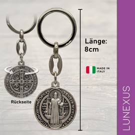 Lunexus Benedict Silver Keyring - Blessed - St Benedict Medal 8 cm with Embossing - Protective Symbol for Car & Home - Gift with Velvet Bag - Catholic Consecration Confirmed, Gold / grey