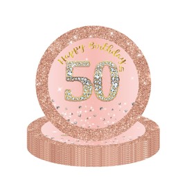 YAAVAAW Happy 50th Birthday Paper Plates 7" Rose Gold,16Pcs Womens Birthday Party Plates Tableware,50th Birthday Decorations Plates for Women,Her 50th Birthday Party Supplies Table Decorations