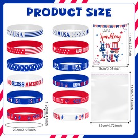 120 Set 4th of July Rubber Bracelets Inculde 120 Independence Day Wristband 120 Patriotic Cards 120 Clear Cellophane Bags Flag Bracelet Red White Blue Wristband for Veterans Day American Party Favors