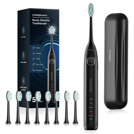 Operan Electric Toothbrush Rechargeable with 8 Brush Heads and Sonic Toothbrush with 5 Modes 2-Min Smart Timer & IPX7 Waterproof Electric Toothbrush for Adults, Travel Case (Black, 1Pack)