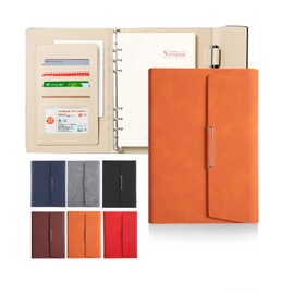 ALLMIRA A5 6 Hole PU Leather Ring Notebook Binder Notebook Cover A5 Size Trifold with Refill Notepad Card Storage Business Notebook Loose Leaf Notebook (Orange)