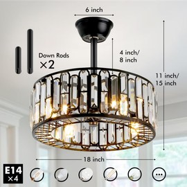 17.7" Modern Caged Ceiling Fan with Light and Remote, Crystal Chandelier Ceiling Fan 3 Speeds Industrial Bladeless Fandelier for Bedroom, Living Room, Dining Room, Black