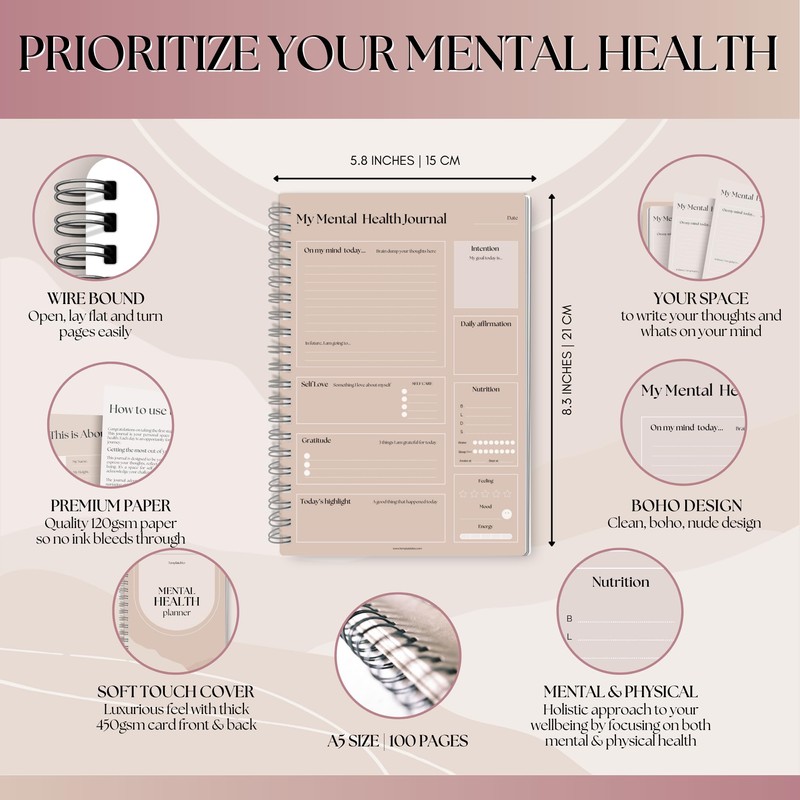 Mental Health Journal Planner | Daily Gratitude, Self Care, Intentions,