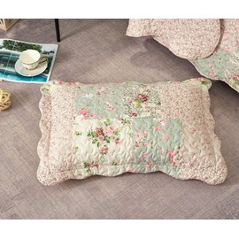 Brilliant Sunshine Traditional Rose and Sage Patchwork Pillowshams Set, Quilted Standard Pillowcases, 20x26 with 2" Flange, Scalloped Edge Pillow Covers, Pack of 2, Pink