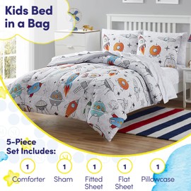 Kids Bedding Set Bed in a Bag for Boys and Girls Toddlers Printed Sheet Set and Comforter , Twin, Floating in Space