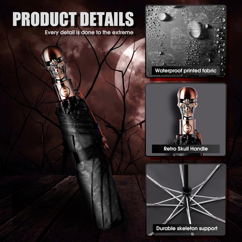 PTGRSWK Gothic Umbrella - Skull Handle, Compact Small Travel Umbrella
